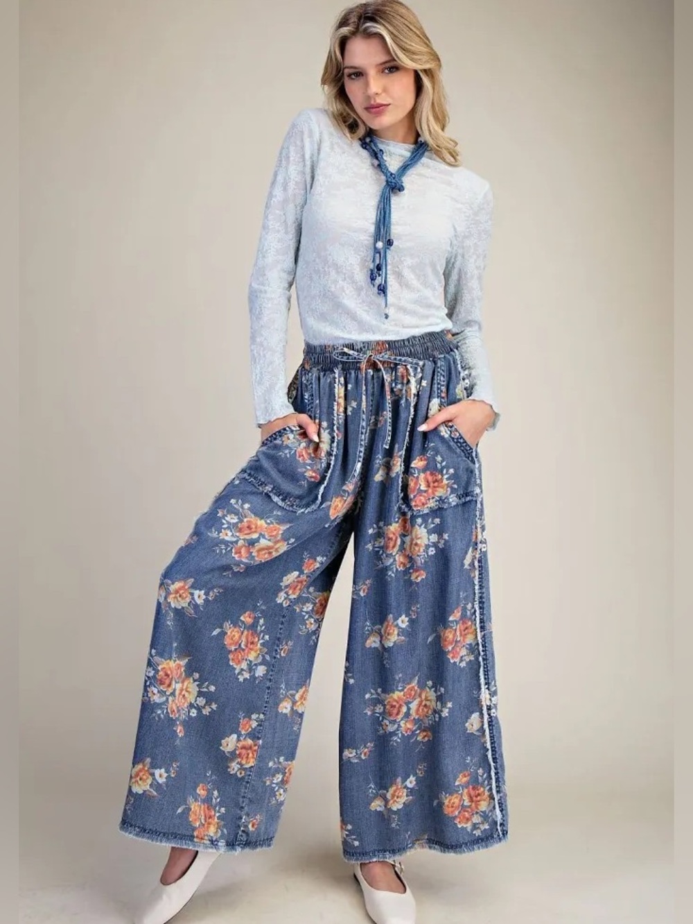 Easel Blue Floral Print Chambray Pants with Elastic Waist. 15” waist stretch 19”